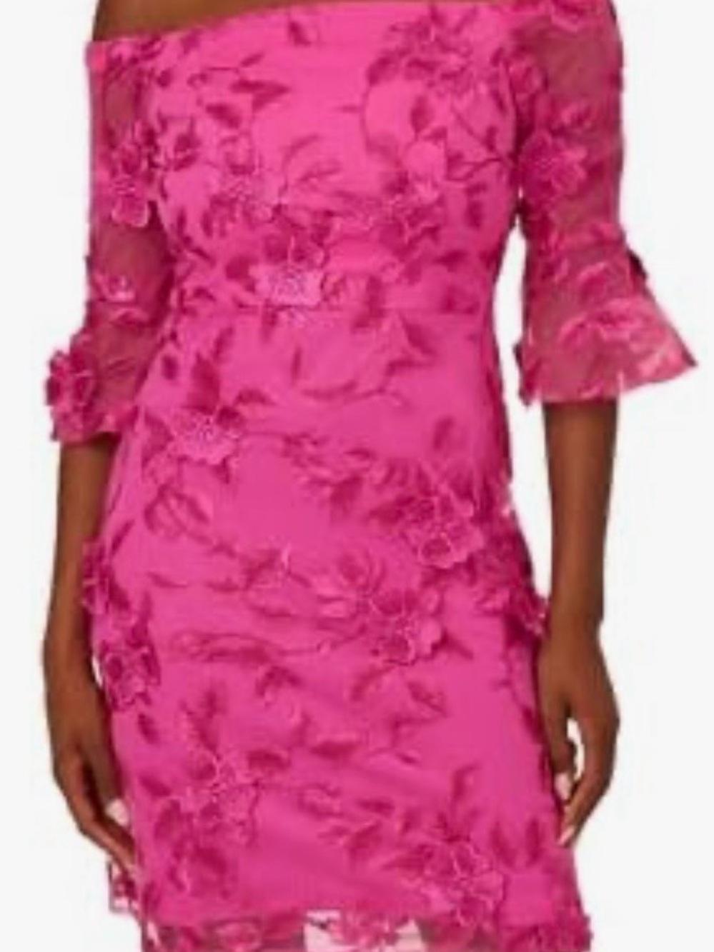 Adrianna Papell Embroidered Off-The-Shoulder Bell-Sleeve Dress in hot pink.